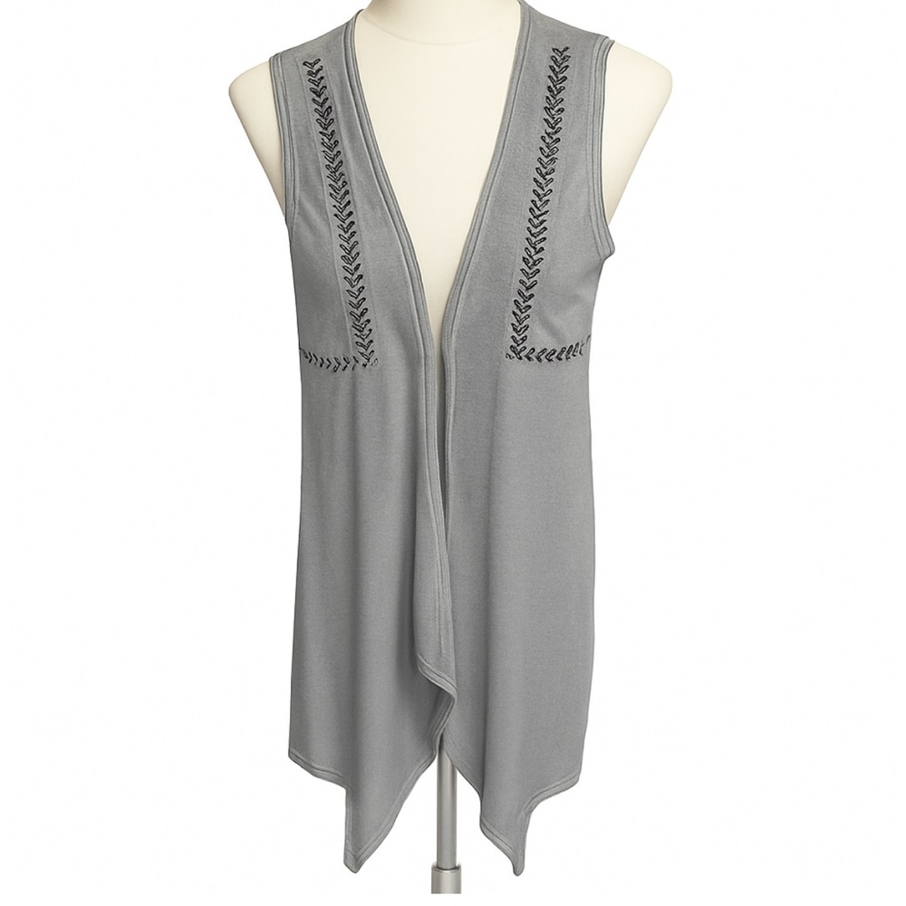 POL Embroidered Open Front Vest Size S‎ Gray Boho Festival Layering Casual